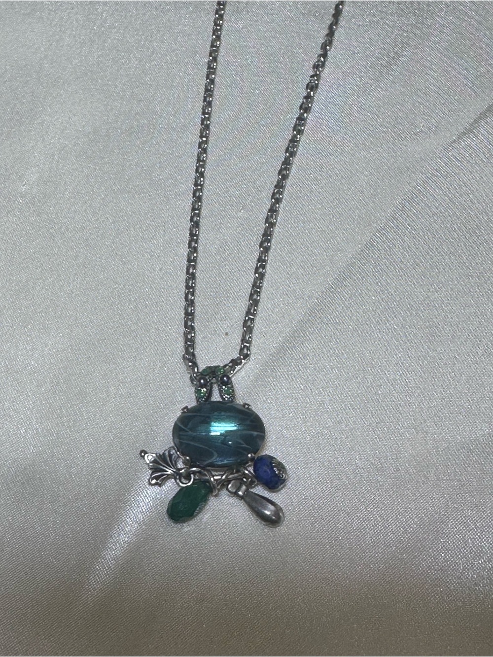 Mariana Silver Necklace with Large Navy Center Bead and Blue-Green Charms